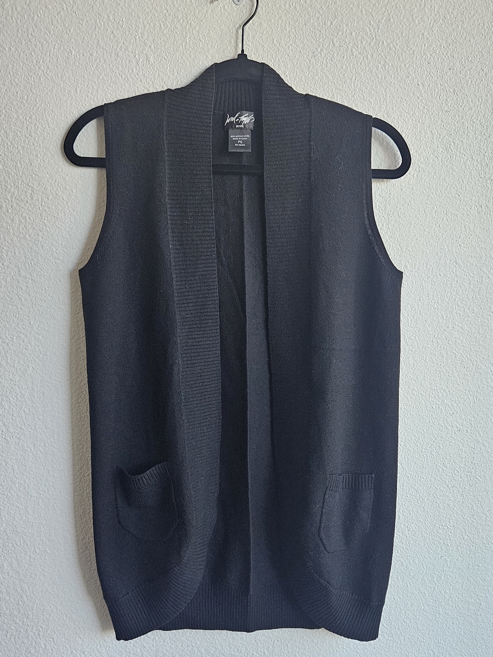 Lord & Taylor Merino Wool Black Sleeveless Open-Front Cardigan Vest Petite Small